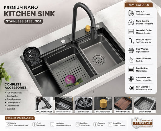 Premium Multifunction Nano Kitchen Sink Hande Made Black