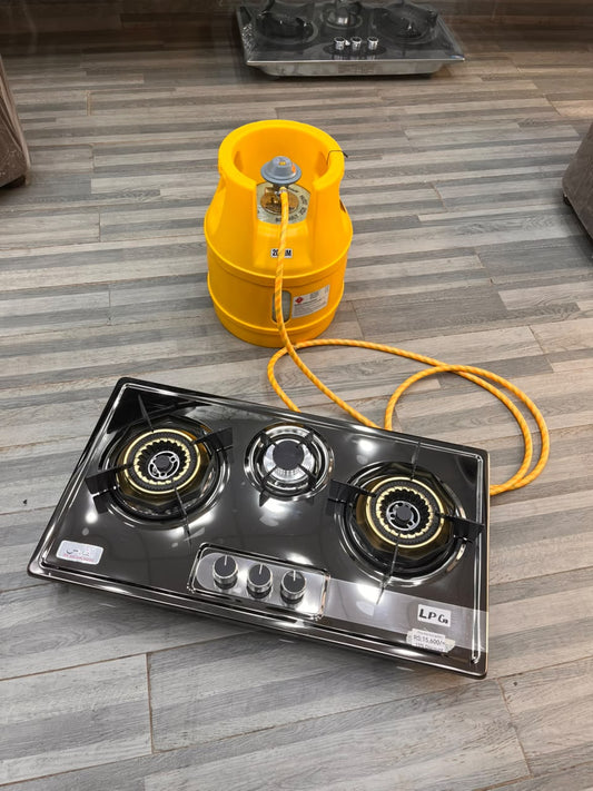 5kg Burhan Fiber Cylinder + 3-Burner Stainless Steel Auto-Ignition Hob